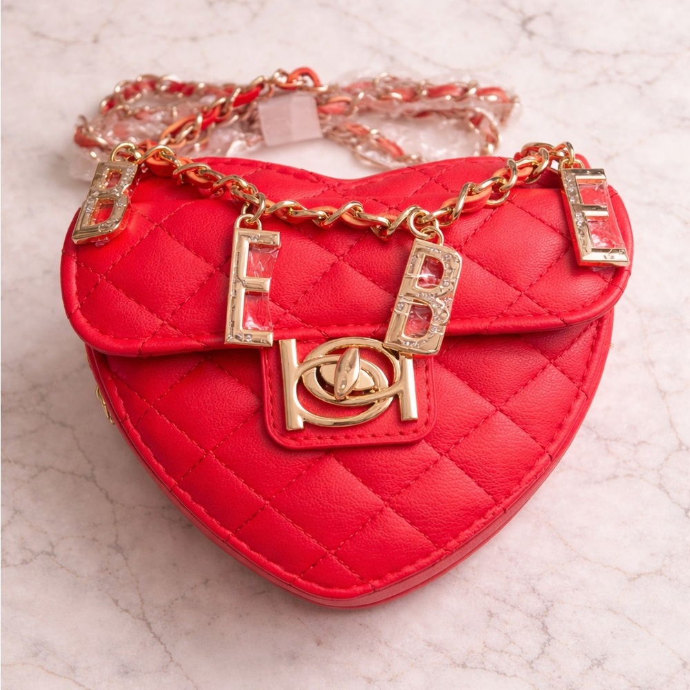 Red Quilted Heart Crossbody Bag with Gold Chain